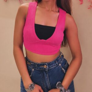 Pink Ribbed Crop Top - Image 1